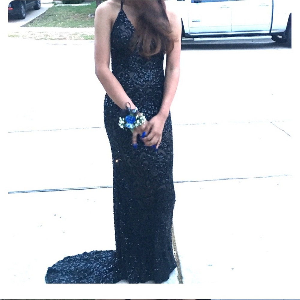 Scala Black Asymmetrical Backless Prom Gown